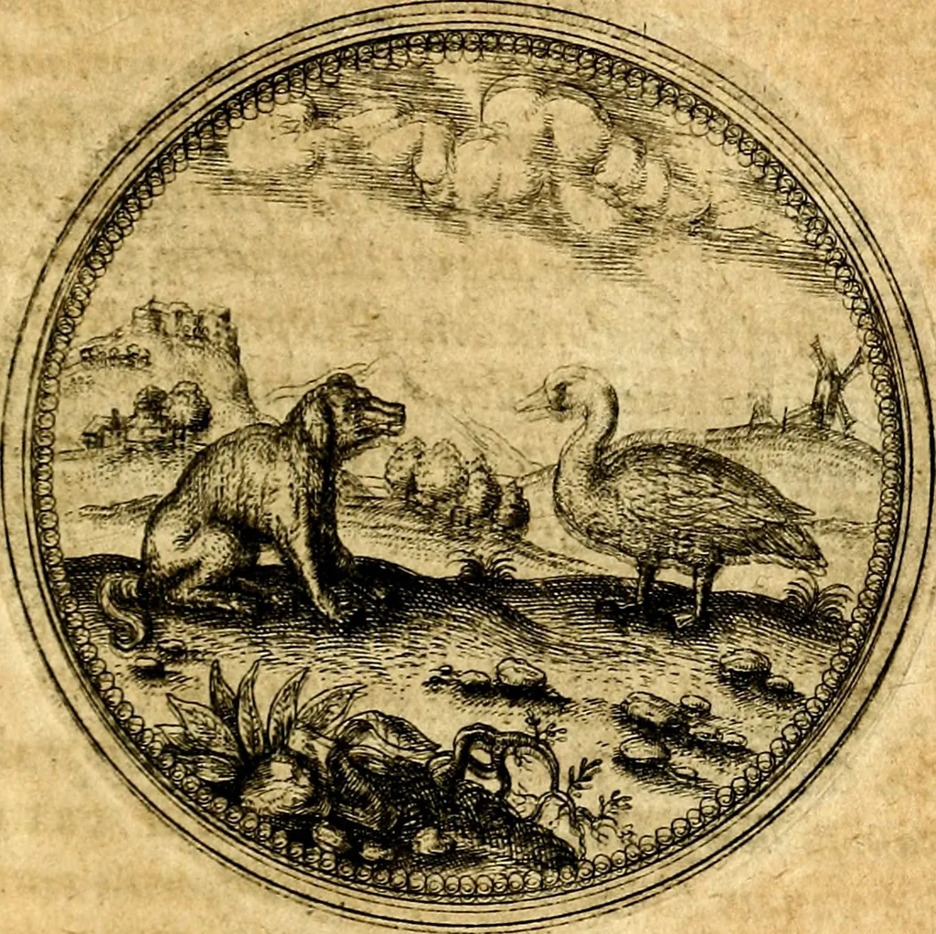 An illustration from Joachimi Camerarii Symbolorvm et emblematvm centvriæ tres. I. Ex herbis & stirpibus. II. Ex animalibus quadrupedibus. III. Ex volatilibus & insectis. Accessit noviter centvria IV. Ex aquatilibus & reptilibus. Cvm figvris æneis, 1605, leaf 336