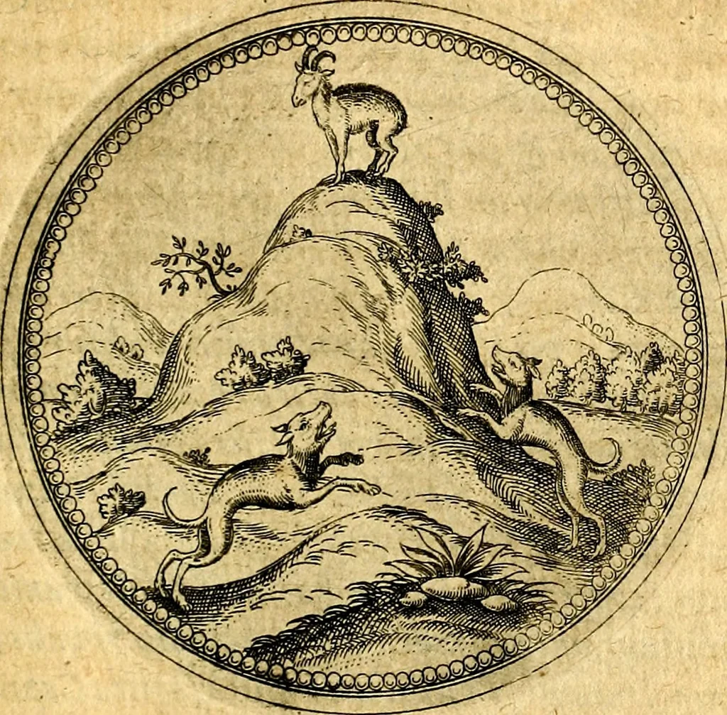 An illustration from Joachimi Camerarii Symbolorvm et emblematvm centvriæ tres. I. Ex herbis & stirpibus. II. Ex animalibus quadrupedibus. III. Ex volatilibus & insectis. Accessit noviter centvria IV. Ex aquatilibus & reptilibus. Cvm figvris æneis, 1605, leaf 348