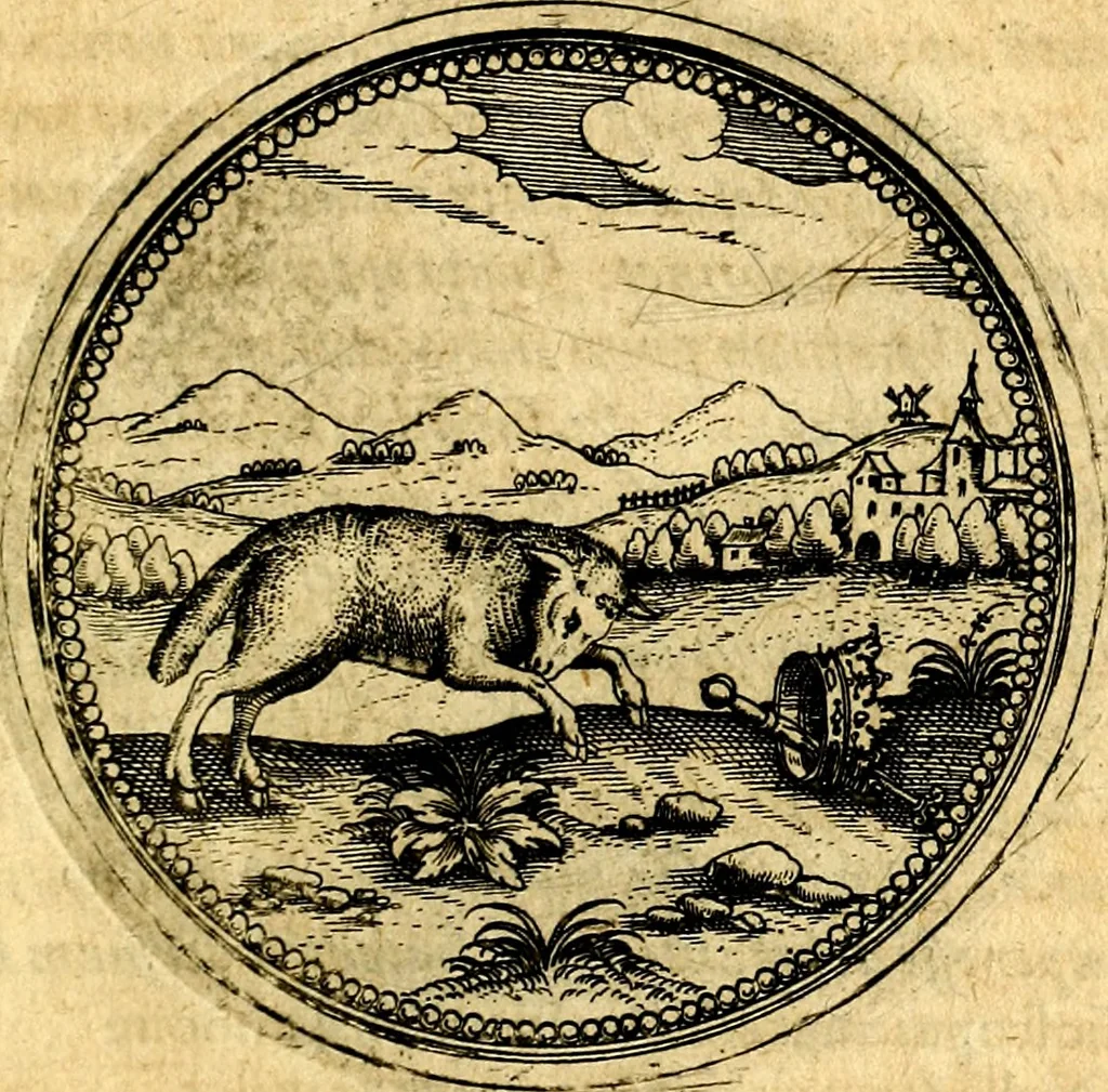 An illustration from Joachimi Camerarii Symbolorvm et emblematvm centvriæ tres. I. Ex herbis & stirpibus. II. Ex animalibus quadrupedibus. III. Ex volatilibus & insectis. Accessit noviter centvria IV. Ex aquatilibus & reptilibus. Cvm figvris æneis, 1605, leaf 352