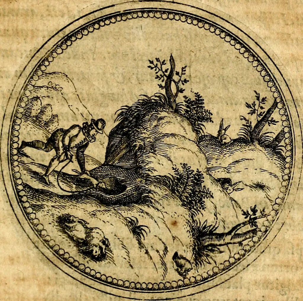 An illustration from Joachimi Camerarii Symbolorvm et emblematvm centvriæ tres. I. Ex herbis & stirpibus. II. Ex animalibus quadrupedibus. III. Ex volatilibus & insectis. Accessit noviter centvria IV. Ex aquatilibus & reptilibus. Cvm figvris æneis, 1605, leaf 372