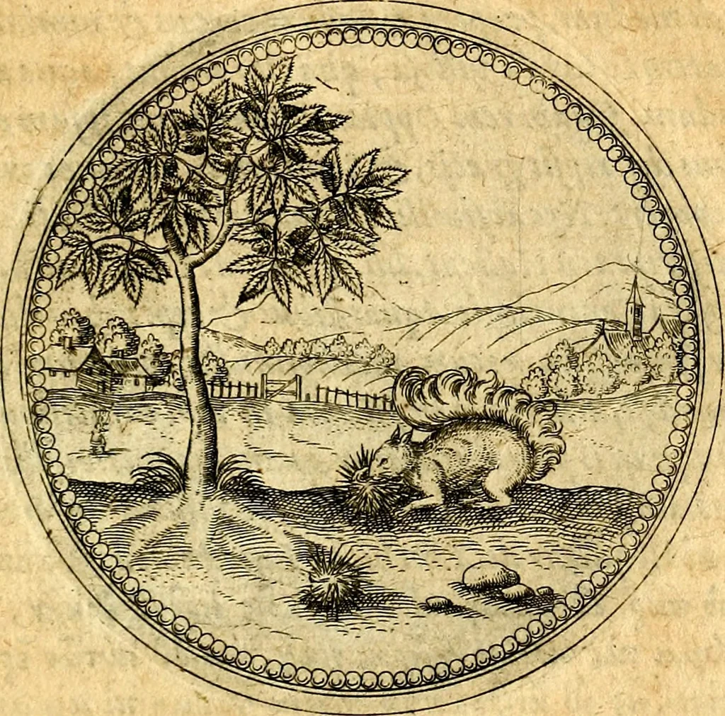 An illustration from Joachimi Camerarii Symbolorvm et emblematvm centvriæ tres. I. Ex herbis & stirpibus. II. Ex animalibus quadrupedibus. III. Ex volatilibus & insectis. Accessit noviter centvria IV. Ex aquatilibus & reptilibus. Cvm figvris æneis, 1605, leaf 382