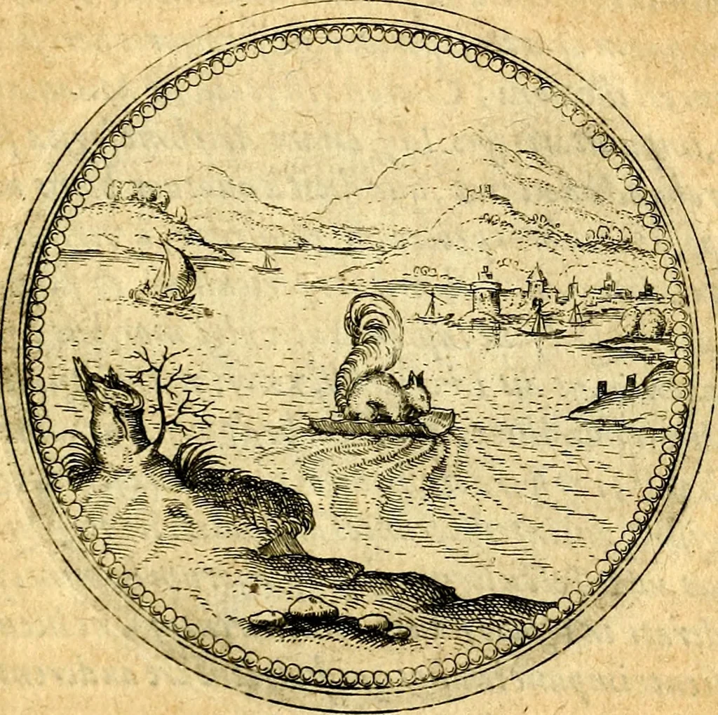 An illustration from Joachimi Camerarii Symbolorvm et emblematvm centvriæ tres. I. Ex herbis & stirpibus. II. Ex animalibus quadrupedibus. III. Ex volatilibus & insectis. Accessit noviter centvria IV. Ex aquatilibus & reptilibus. Cvm figvris æneis, 1605, leaf 384