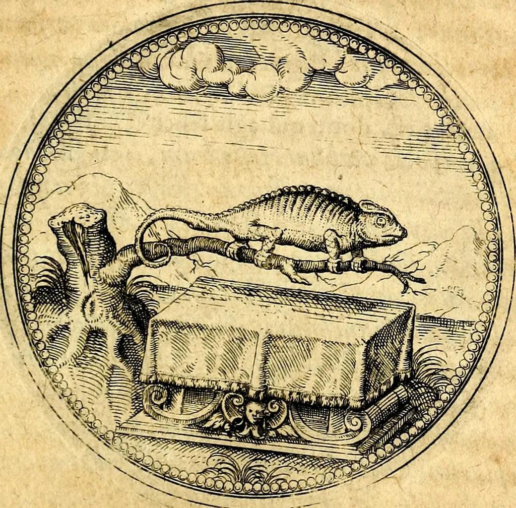 An illustration from Joachimi Camerarii Symbolorvm et emblematvm centvriæ tres. I. Ex herbis & stirpibus. II. Ex animalibus quadrupedibus. III. Ex volatilibus & insectis. Accessit noviter centvria IV. Ex aquatilibus & reptilibus. Cvm figvris æneis, 1605, leaf 388