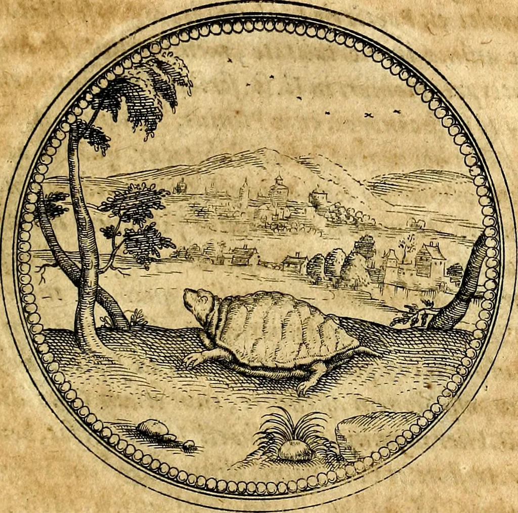 An illustration from Joachimi Camerarii Symbolorvm et emblematvm centvriæ tres. I. Ex herbis & stirpibus. II. Ex animalibus quadrupedibus. III. Ex volatilibus & insectis. Accessit noviter centvria IV. Ex aquatilibus & reptilibus. Cvm figvris æneis, 1605, leaf 390
