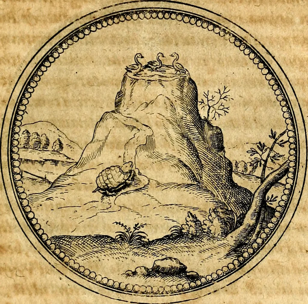 An illustration from Joachimi Camerarii Symbolorvm et emblematvm centvriæ tres. I. Ex herbis & stirpibus. II. Ex animalibus quadrupedibus. III. Ex volatilibus & insectis. Accessit noviter centvria IV. Ex aquatilibus & reptilibus. Cvm figvris æneis, 1605, leaf 392