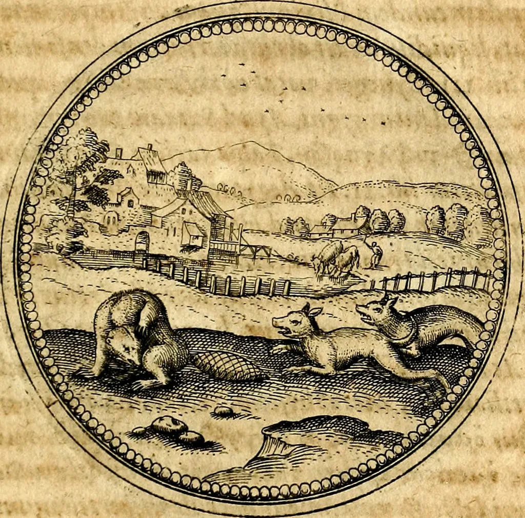 An illustration from Joachimi Camerarii Symbolorvm et emblematvm centvriæ tres. I. Ex herbis & stirpibus. II. Ex animalibus quadrupedibus. III. Ex volatilibus & insectis. Accessit noviter centvria IV. Ex aquatilibus & reptilibus. Cvm figvris æneis, 1605, leaf 394