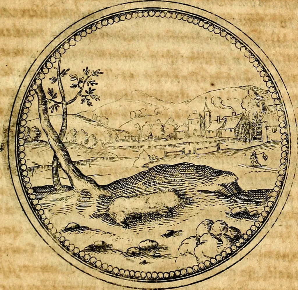 An illustration from Joachimi Camerarii Symbolorvm et emblematvm centvriæ tres. I. Ex herbis & stirpibus. II. Ex animalibus quadrupedibus. III. Ex volatilibus & insectis. Accessit noviter centvria IV. Ex aquatilibus & reptilibus. Cvm figvris æneis, 1605, leaf 396
