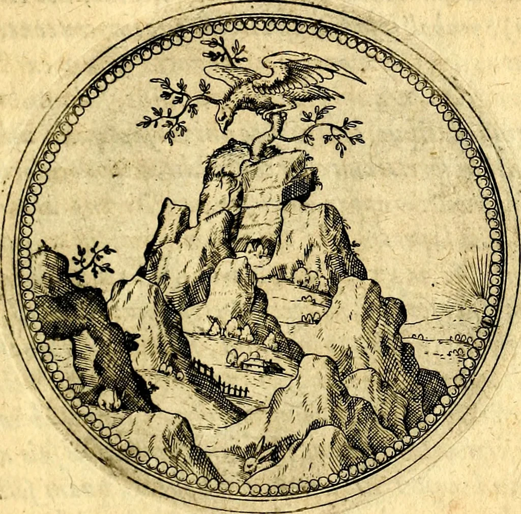 An illustration from Joachimi Camerarii Symbolorvm et emblematvm centvriæ tres. I. Ex herbis & stirpibus. II. Ex animalibus quadrupedibus. III. Ex volatilibus & insectis. Accessit noviter centvria IV. Ex aquatilibus & reptilibus. Cvm figvris æneis, 1605, leaf 422