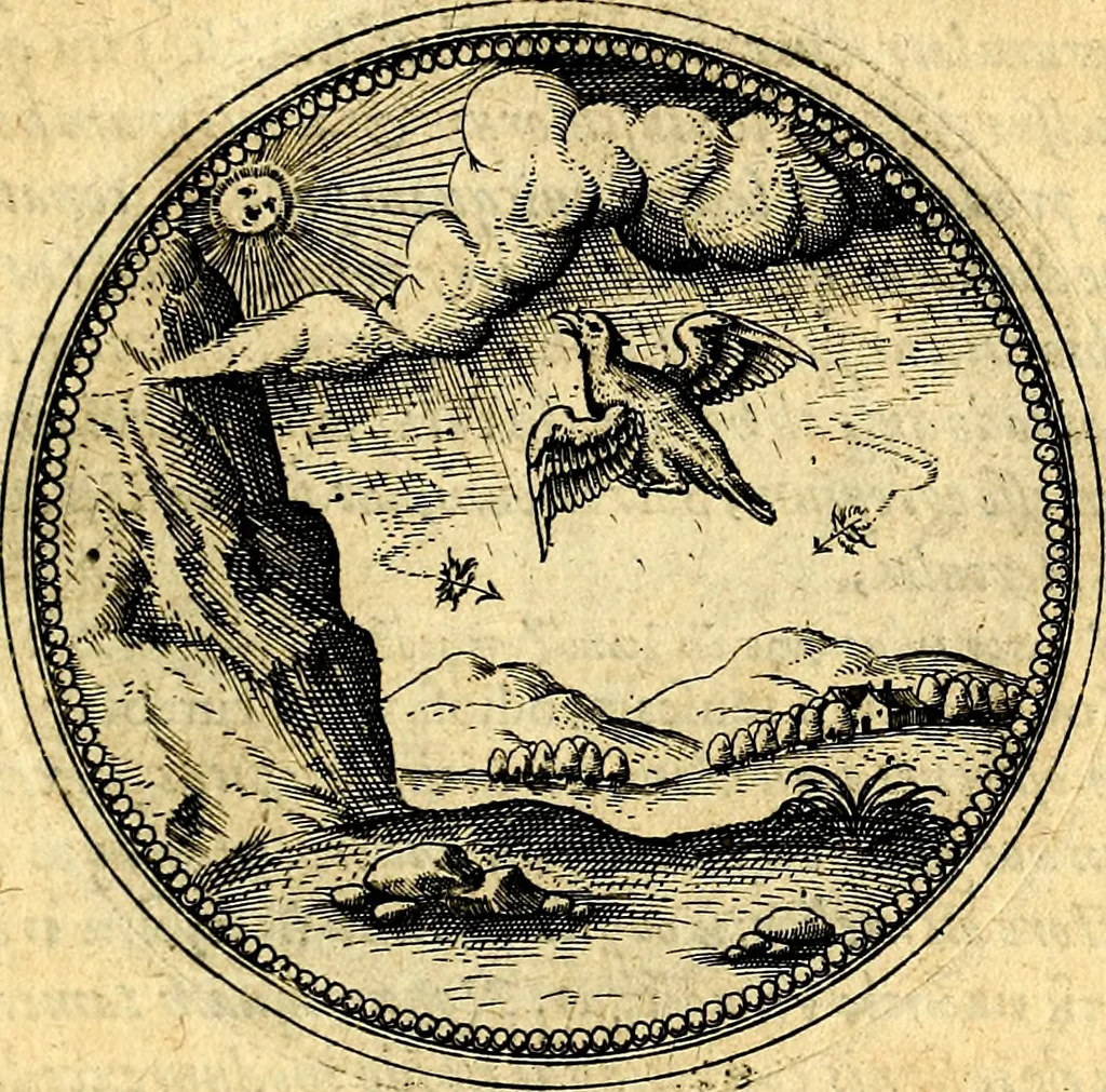An illustration from Joachimi Camerarii Symbolorvm et emblematvm centvriæ tres. I. Ex herbis & stirpibus. II. Ex animalibus quadrupedibus. III. Ex volatilibus & insectis. Accessit noviter centvria IV. Ex aquatilibus & reptilibus. Cvm figvris æneis, 1605, leaf 424