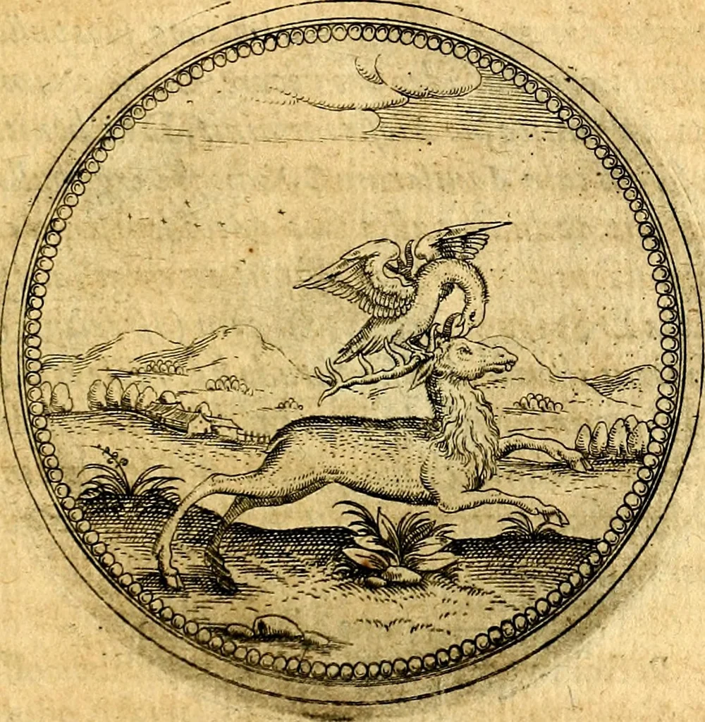 An illustration from Joachimi Camerarii Symbolorvm et emblematvm centvriæ tres. I. Ex herbis & stirpibus. II. Ex animalibus quadrupedibus. III. Ex volatilibus & insectis. Accessit noviter centvria IV. Ex aquatilibus & reptilibus. Cvm figvris æneis, 1605, leaf 436