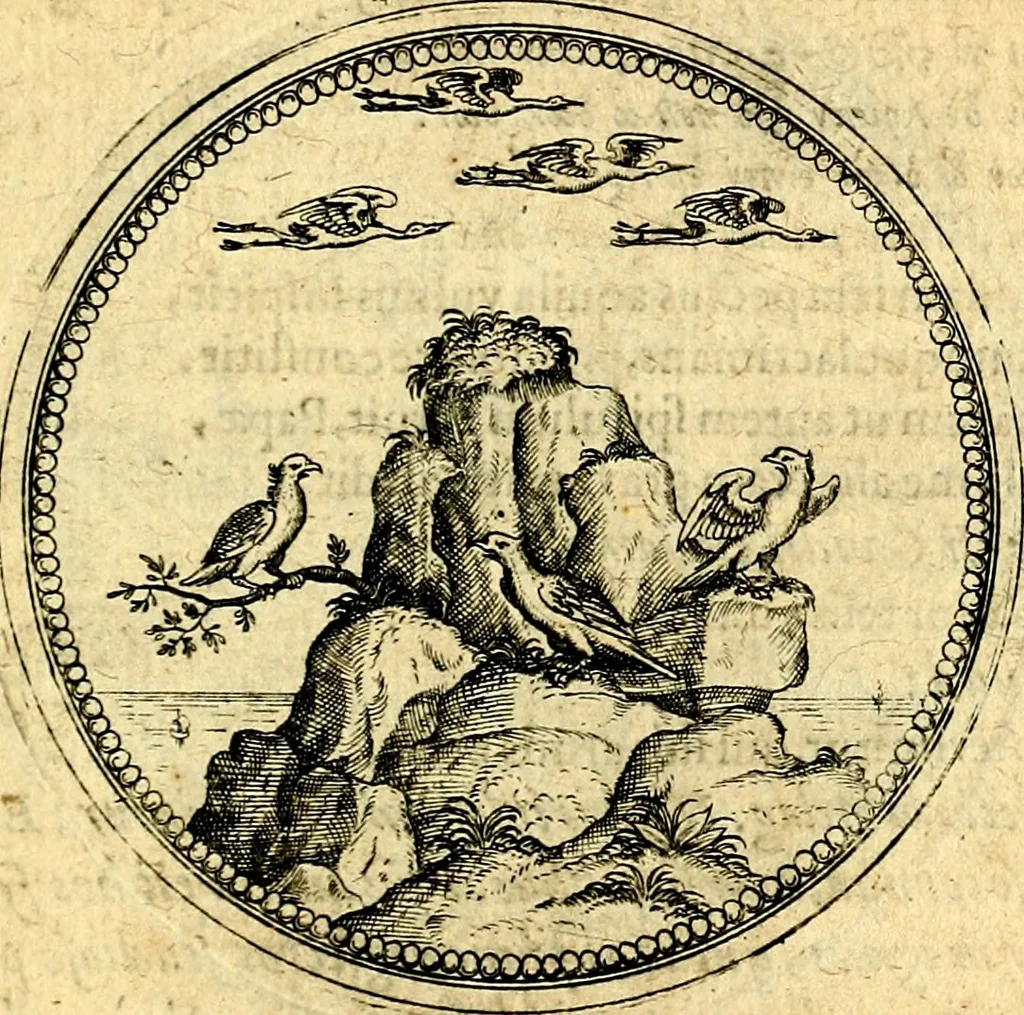 An illustration from Joachimi Camerarii Symbolorvm et emblematvm centvriæ tres. I. Ex herbis & stirpibus. II. Ex animalibus quadrupedibus. III. Ex volatilibus & insectis. Accessit noviter centvria IV. Ex aquatilibus & reptilibus. Cvm figvris æneis, 1605, leaf 440