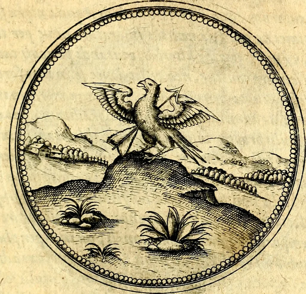 An illustration from Joachimi Camerarii Symbolorvm et emblematvm centvriæ tres. I. Ex herbis & stirpibus. II. Ex animalibus quadrupedibus. III. Ex volatilibus & insectis. Accessit noviter centvria IV. Ex aquatilibus & reptilibus. Cvm figvris æneis, 1605, leaf 442