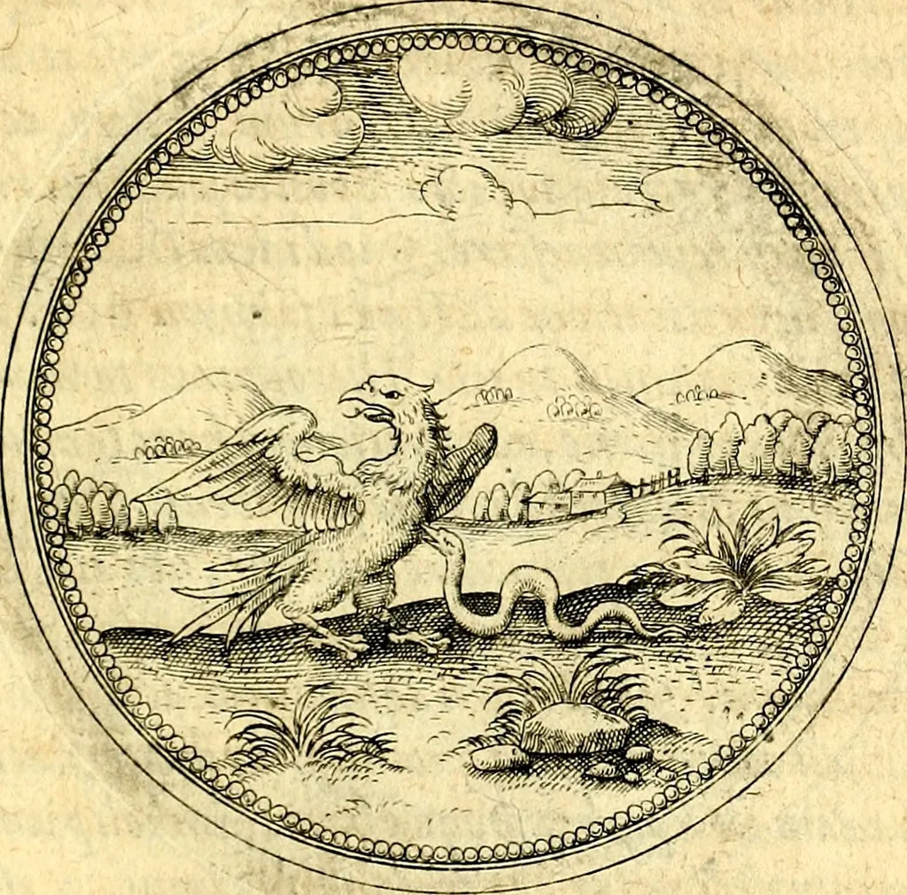 An illustration from Joachimi Camerarii Symbolorvm et emblematvm centvriæ tres. I. Ex herbis & stirpibus. II. Ex animalibus quadrupedibus. III. Ex volatilibus & insectis. Accessit noviter centvria IV. Ex aquatilibus & reptilibus. Cvm figvris æneis, 1605, leaf 446