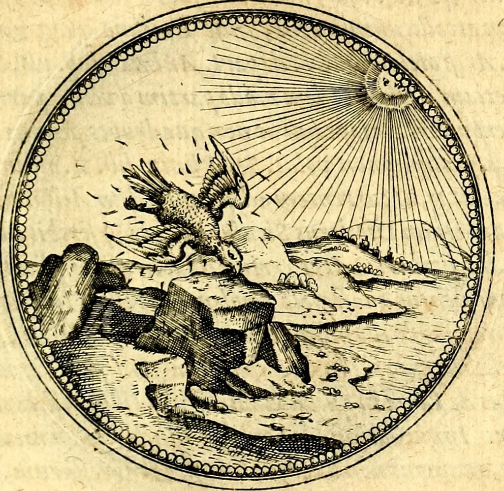 An illustration from Joachimi Camerarii Symbolorvm et emblematvm centvriæ tres. I. Ex herbis & stirpibus. II. Ex animalibus quadrupedibus. III. Ex volatilibus & insectis. Accessit noviter centvria IV. Ex aquatilibus & reptilibus. Cvm figvris æneis, 1605, leaf 448