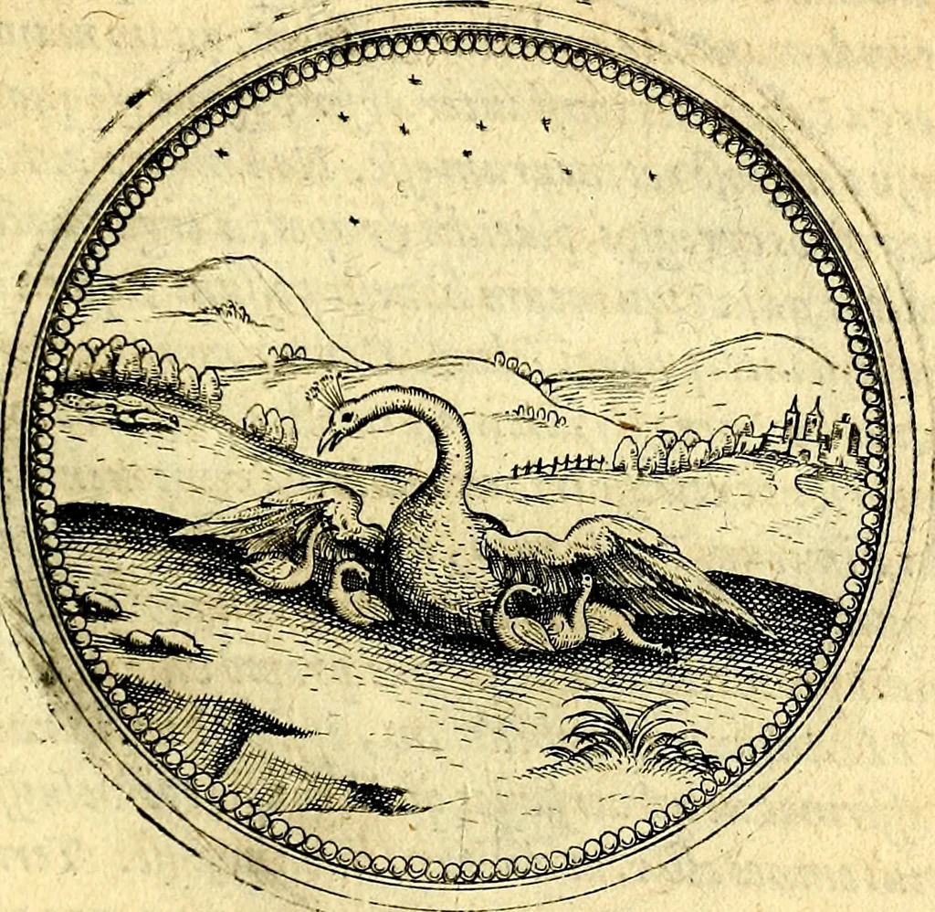 An illustration from Joachimi Camerarii Symbolorvm et emblematvm centvriæ tres. I. Ex herbis & stirpibus. II. Ex animalibus quadrupedibus. III. Ex volatilibus & insectis. Accessit noviter centvria IV. Ex aquatilibus & reptilibus. Cvm figvris æneis, 1605, leaf 458