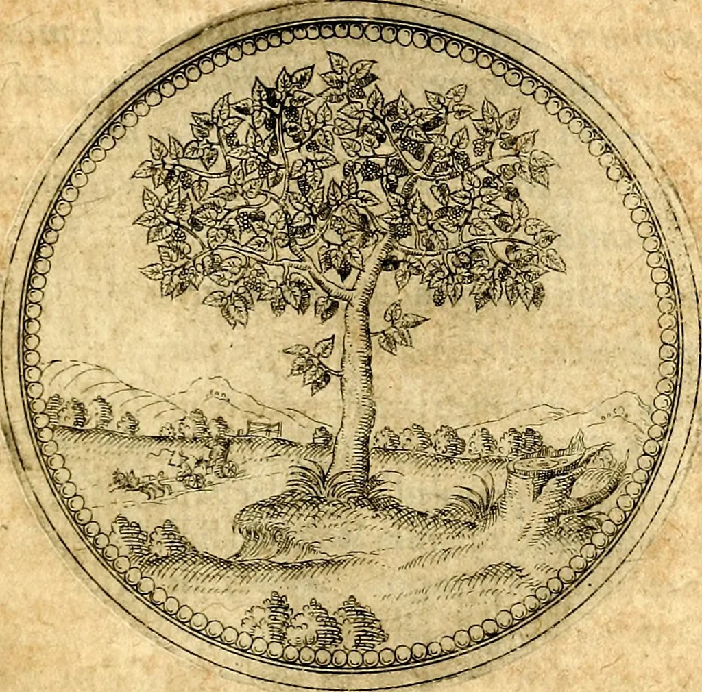 An illustration from Joachimi Camerarii Symbolorvm et emblematvm centvriæ tres. I. Ex herbis & stirpibus. II. Ex animalibus quadrupedibus. III. Ex volatilibus & insectis. Accessit noviter centvria IV. Ex aquatilibus & reptilibus. Cvm figvris æneis, 1605, leaf 46