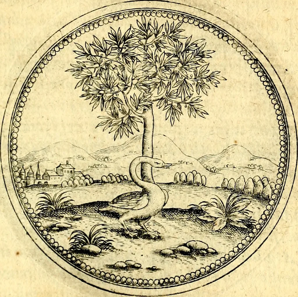An illustration from Joachimi Camerarii Symbolorvm et emblematvm centvriæ tres. I. Ex herbis & stirpibus. II. Ex animalibus quadrupedibus. III. Ex volatilibus & insectis. Accessit noviter centvria IV. Ex aquatilibus & reptilibus. Cvm figvris æneis, 1605, leaf 466