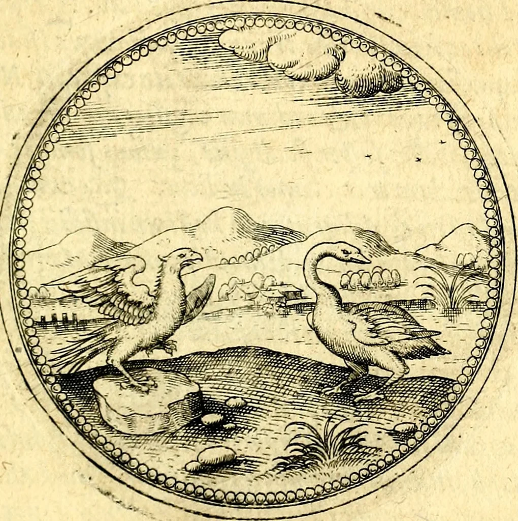 An illustration from Joachimi Camerarii Symbolorvm et emblematvm centvriæ tres. I. Ex herbis & stirpibus. II. Ex animalibus quadrupedibus. III. Ex volatilibus & insectis. Accessit noviter centvria IV. Ex aquatilibus & reptilibus. Cvm figvris æneis, 1605, leaf 468