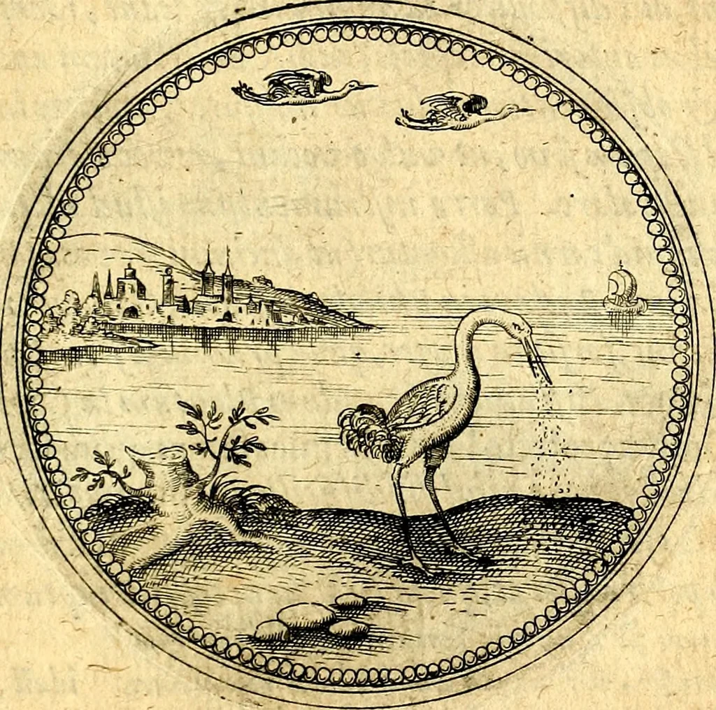 An illustration from Joachimi Camerarii Symbolorvm et emblematvm centvriæ tres. I. Ex herbis & stirpibus. II. Ex animalibus quadrupedibus. III. Ex volatilibus & insectis. Accessit noviter centvria IV. Ex aquatilibus & reptilibus. Cvm figvris æneis, 1605, leaf 472