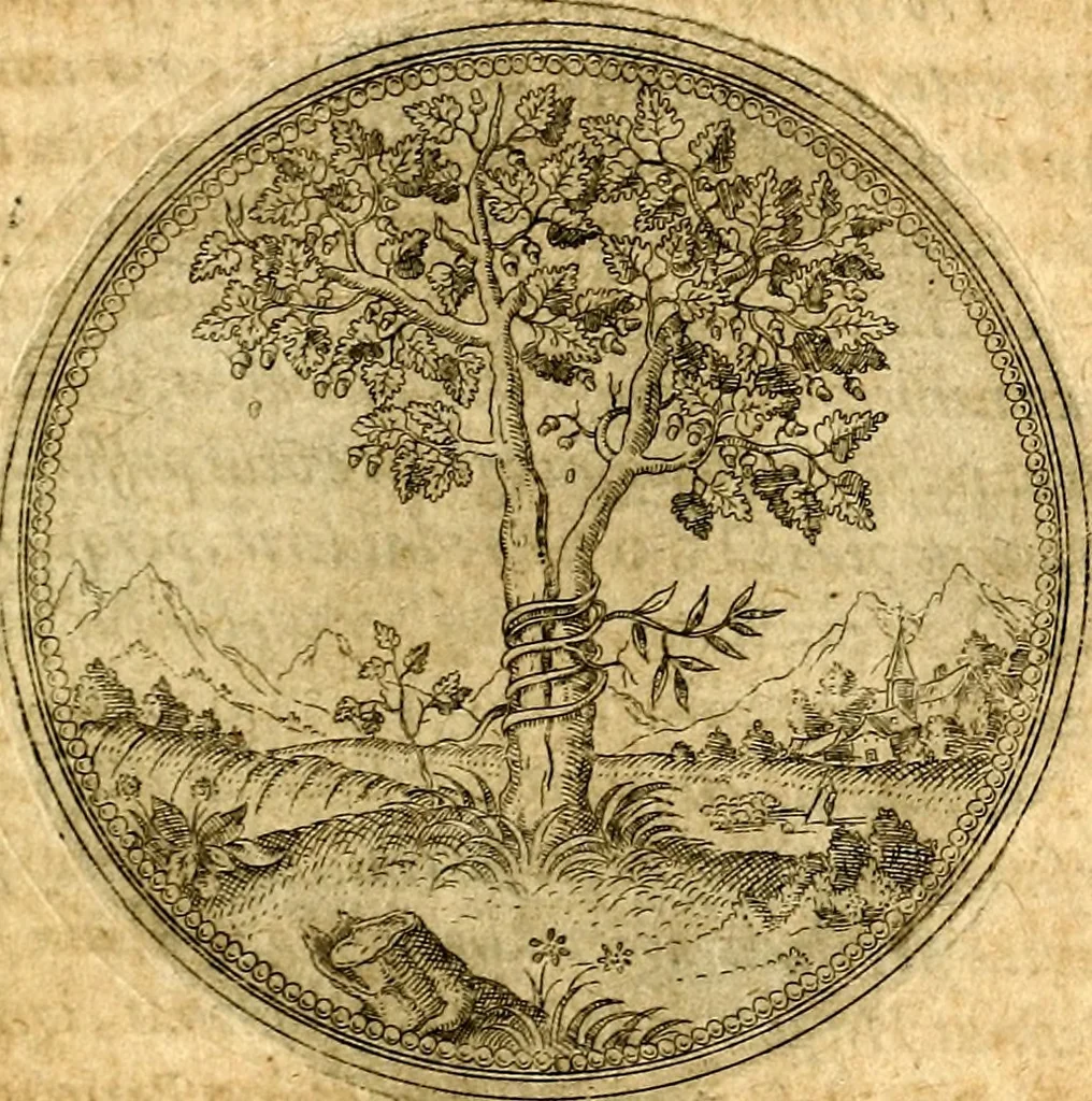 An illustration from Joachimi Camerarii Symbolorvm et emblematvm centvriæ tres. I. Ex herbis & stirpibus. II. Ex animalibus quadrupedibus. III. Ex volatilibus & insectis. Accessit noviter centvria IV. Ex aquatilibus & reptilibus. Cvm figvris æneis, 1605, leaf 48