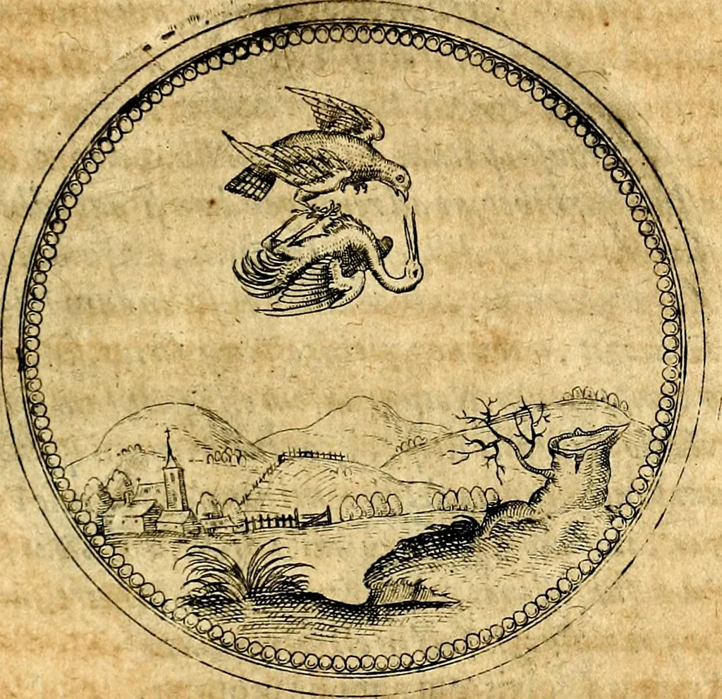 An illustration from Joachimi Camerarii Symbolorvm et emblematvm centvriæ tres. I. Ex herbis & stirpibus. II. Ex animalibus quadrupedibus. III. Ex volatilibus & insectis. Accessit noviter centvria IV. Ex aquatilibus & reptilibus. Cvm figvris æneis, 1605, leaf 480