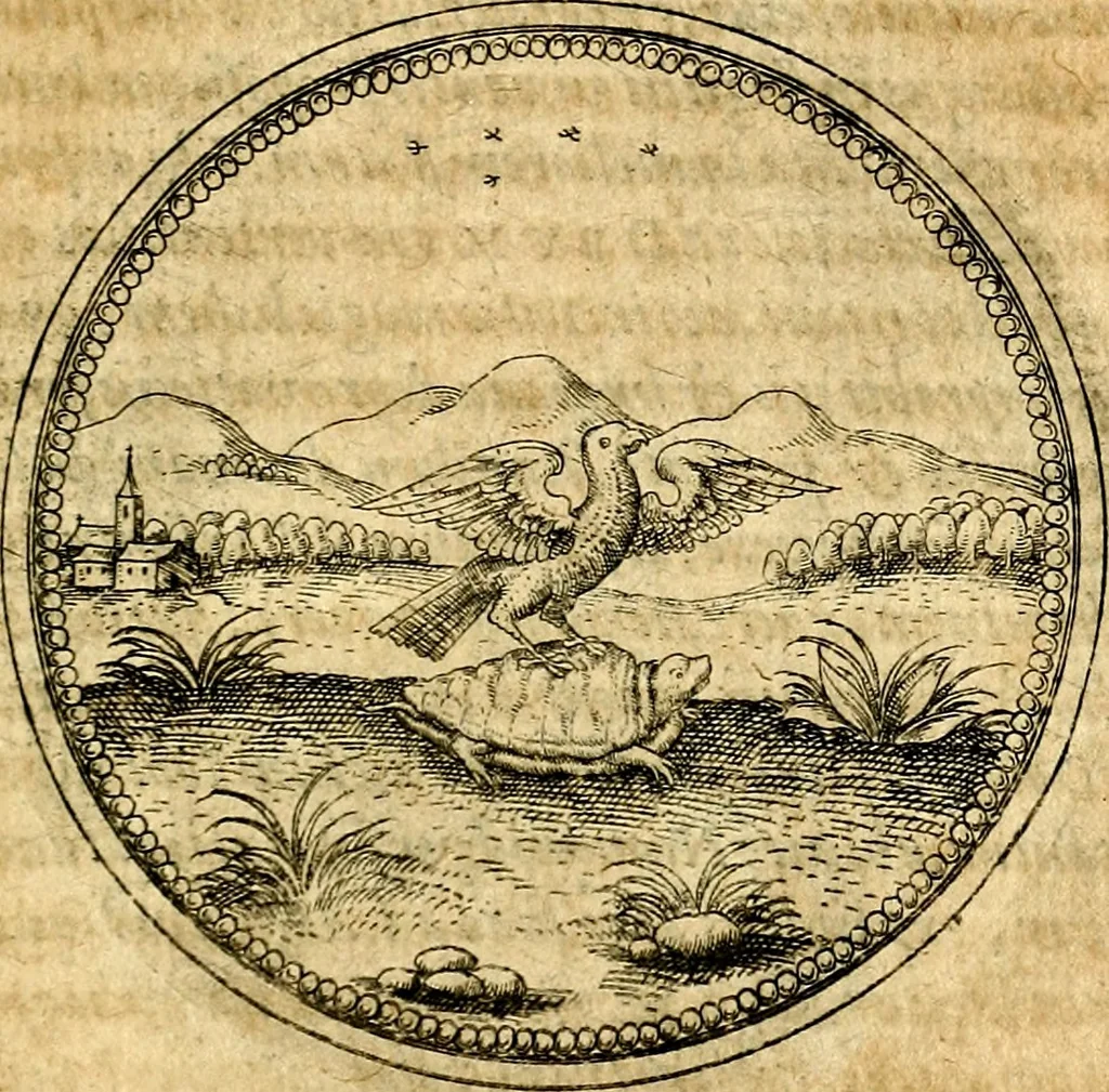 An illustration from Joachimi Camerarii Symbolorvm et emblematvm centvriæ tres. I. Ex herbis & stirpibus. II. Ex animalibus quadrupedibus. III. Ex volatilibus & insectis. Accessit noviter centvria IV. Ex aquatilibus & reptilibus. Cvm figvris æneis, 1605, leaf 482