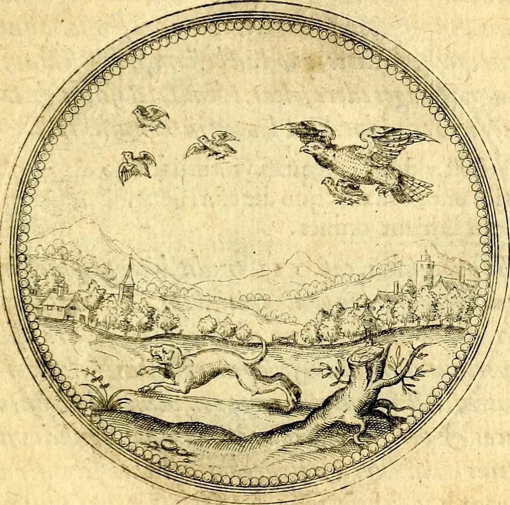 An illustration from Joachimi Camerarii Symbolorvm et emblematvm centvriæ tres. I. Ex herbis & stirpibus. II. Ex animalibus quadrupedibus. III. Ex volatilibus & insectis. Accessit noviter centvria IV. Ex aquatilibus & reptilibus. Cvm figvris æneis, 1605, leaf 486