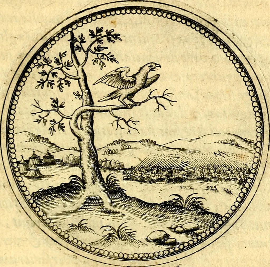 An illustration from Joachimi Camerarii Symbolorvm et emblematvm centvriæ tres. I. Ex herbis & stirpibus. II. Ex animalibus quadrupedibus. III. Ex volatilibus & insectis. Accessit noviter centvria IV. Ex aquatilibus & reptilibus. Cvm figvris æneis, 1605, leaf 488