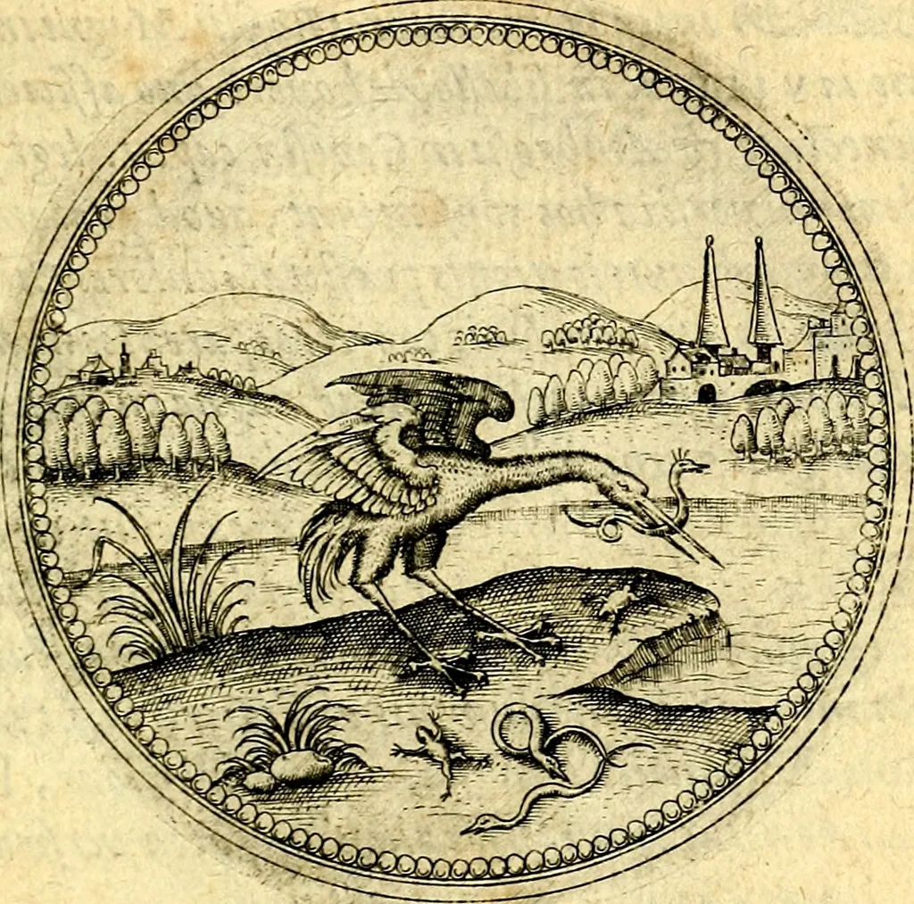 An illustration from Joachimi Camerarii Symbolorvm et emblematvm centvriæ tres. I. Ex herbis & stirpibus. II. Ex animalibus quadrupedibus. III. Ex volatilibus & insectis. Accessit noviter centvria IV. Ex aquatilibus & reptilibus. Cvm figvris æneis, 1605, leaf 494