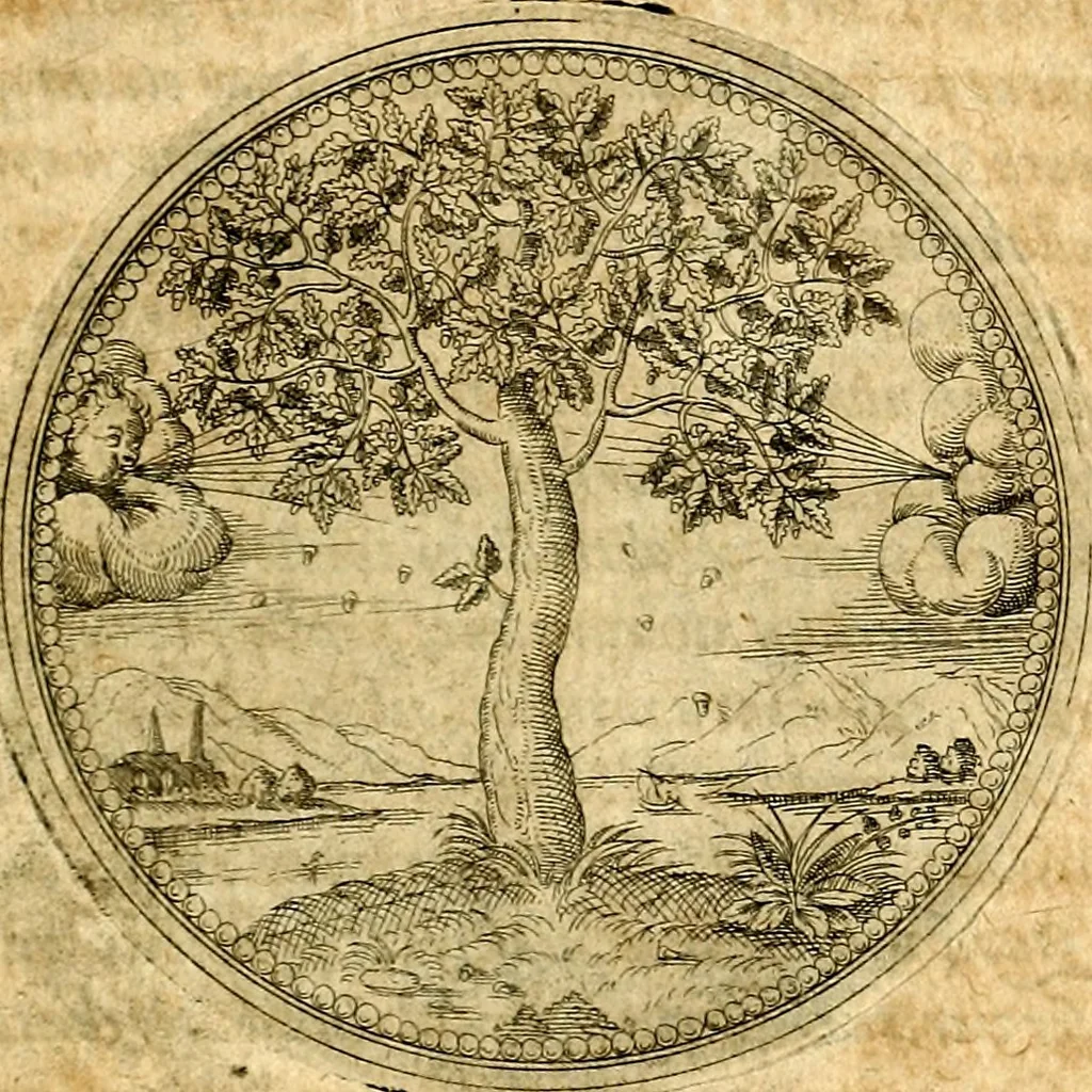 An illustration from Joachimi Camerarii Symbolorvm et emblematvm centvriæ tres. I. Ex herbis & stirpibus. II. Ex animalibus quadrupedibus. III. Ex volatilibus & insectis. Accessit noviter centvria IV. Ex aquatilibus & reptilibus. Cvm figvris æneis, 1605, leaf 50