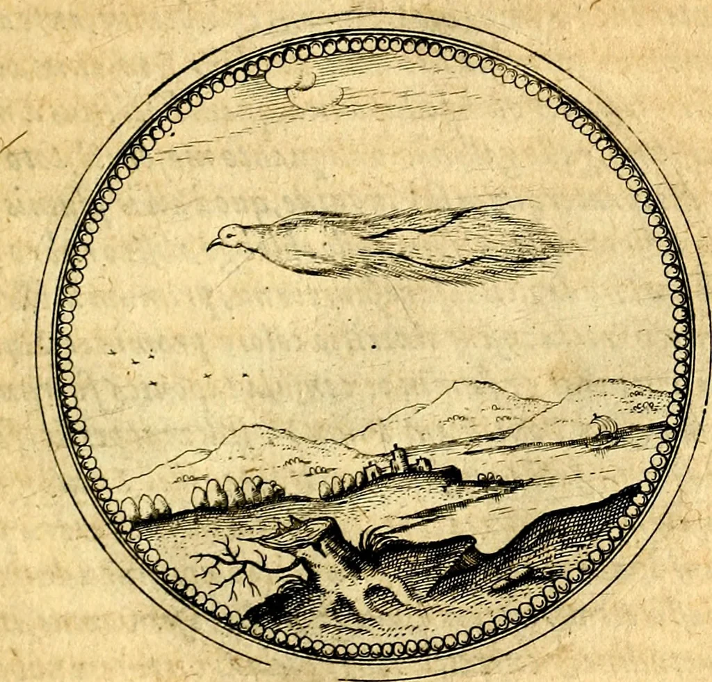 An illustration from Joachimi Camerarii Symbolorvm et emblematvm centvriæ tres. I. Ex herbis & stirpibus. II. Ex animalibus quadrupedibus. III. Ex volatilibus & insectis. Accessit noviter centvria IV. Ex aquatilibus & reptilibus. Cvm figvris æneis, 1605, leaf 502