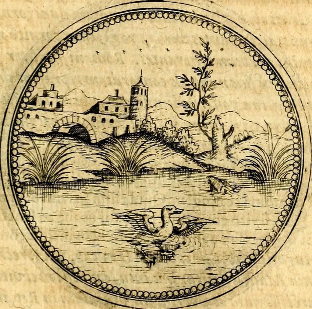 An illustration from Joachimi Camerarii Symbolorvm et emblematvm centvriæ tres. I. Ex herbis & stirpibus. II. Ex animalibus quadrupedibus. III. Ex volatilibus & insectis. Accessit noviter centvria IV. Ex aquatilibus & reptilibus. Cvm figvris æneis, 1605, leaf 528