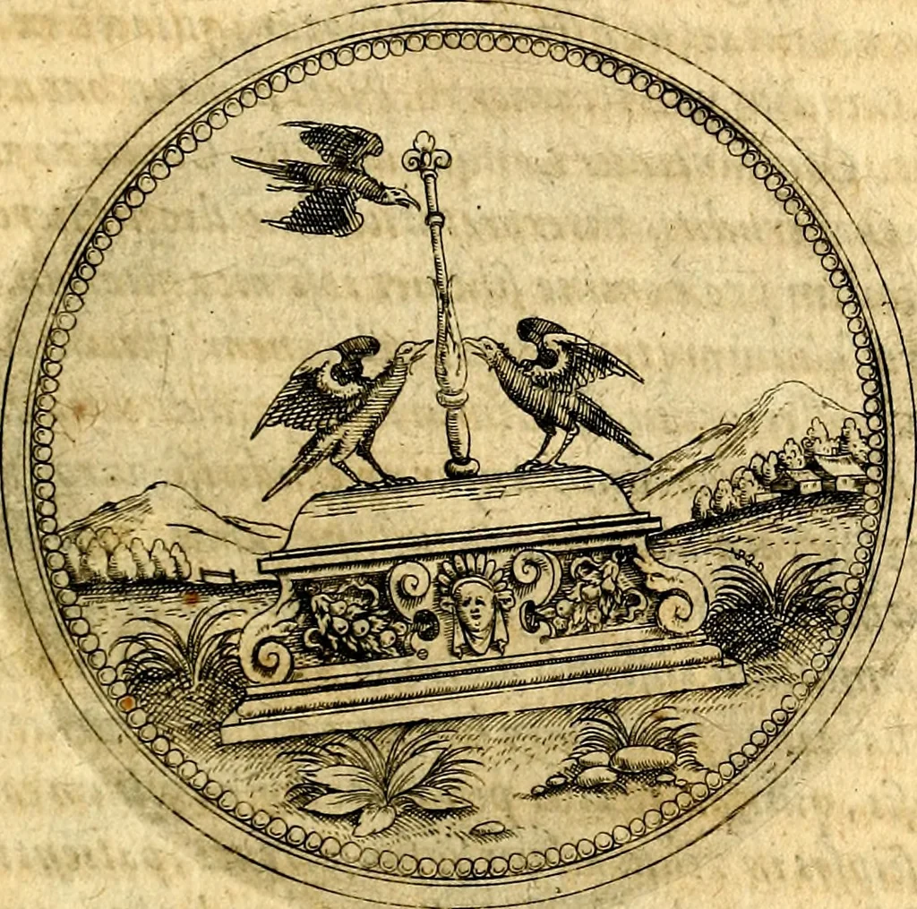 An illustration from Joachimi Camerarii Symbolorvm et emblematvm centvriæ tres. I. Ex herbis & stirpibus. II. Ex animalibus quadrupedibus. III. Ex volatilibus & insectis. Accessit noviter centvria IV. Ex aquatilibus & reptilibus. Cvm figvris æneis, 1605, leaf 530