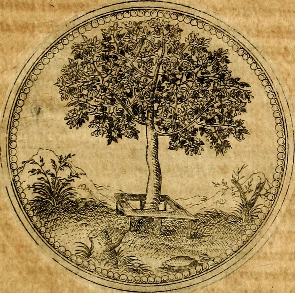 An illustration from Joachimi Camerarii Symbolorvm et emblematvm centvriæ tres. I. Ex herbis & stirpibus. II. Ex animalibus quadrupedibus. III. Ex volatilibus & insectis. Accessit noviter centvria IV. Ex aquatilibus & reptilibus. Cvm figvris æneis, 1605, leaf 54