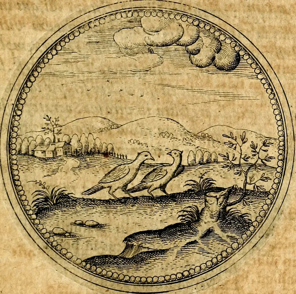 An illustration from Joachimi Camerarii Symbolorvm et emblematvm centvriæ tres. I. Ex herbis & stirpibus. II. Ex animalibus quadrupedibus. III. Ex volatilibus & insectis. Accessit noviter centvria IV. Ex aquatilibus & reptilibus. Cvm figvris æneis, 1605, leaf 542