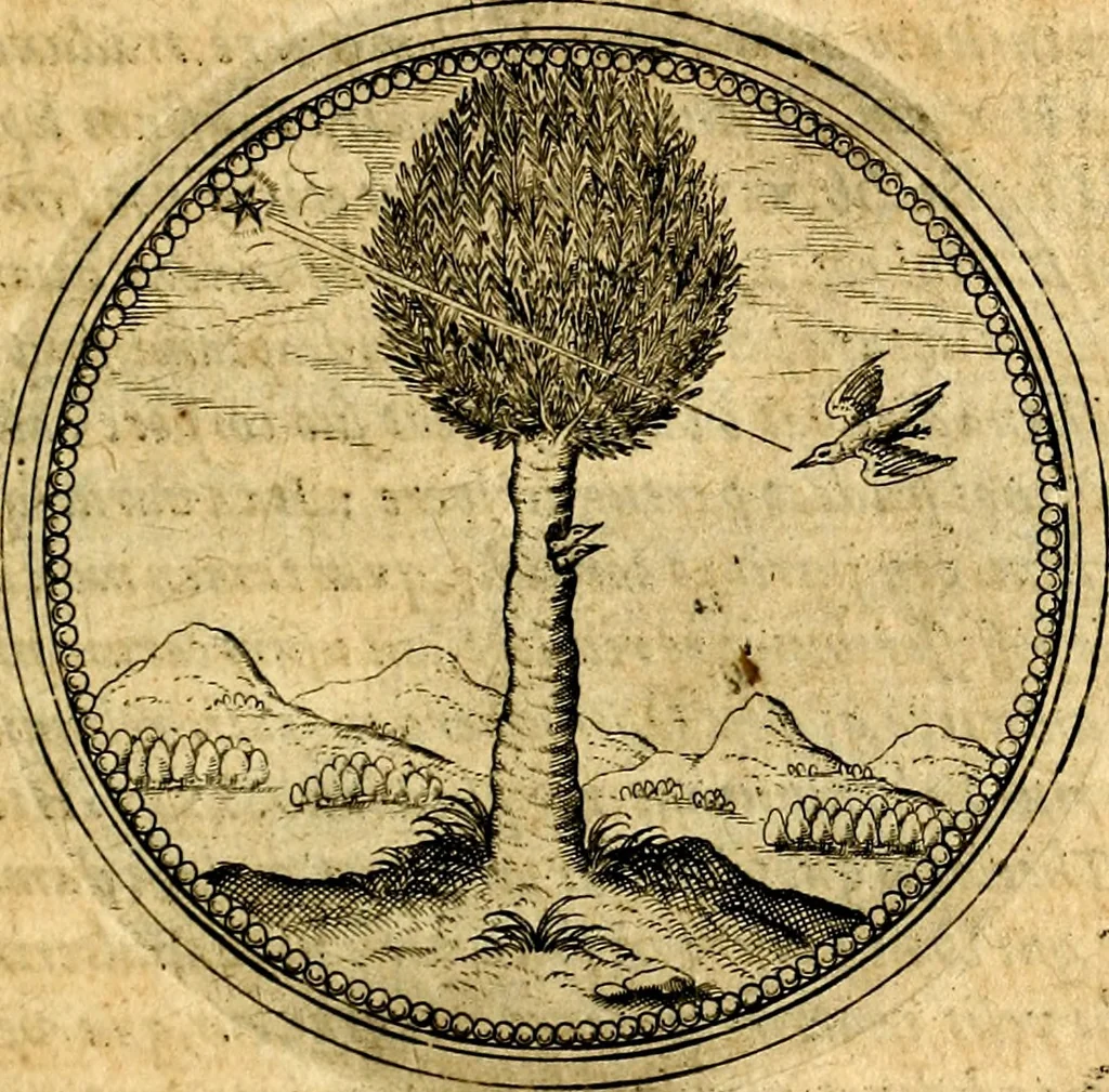 An illustration from Joachimi Camerarii Symbolorvm et emblematvm centvriæ tres. I. Ex herbis & stirpibus. II. Ex animalibus quadrupedibus. III. Ex volatilibus & insectis. Accessit noviter centvria IV. Ex aquatilibus & reptilibus. Cvm figvris æneis, 1605, leaf 550