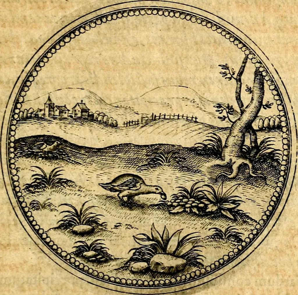 An illustration from Joachimi Camerarii Symbolorvm et emblematvm centvriæ tres. I. Ex herbis & stirpibus. II. Ex animalibus quadrupedibus. III. Ex volatilibus & insectis. Accessit noviter centvria IV. Ex aquatilibus & reptilibus. Cvm figvris æneis, 1605, leaf 552