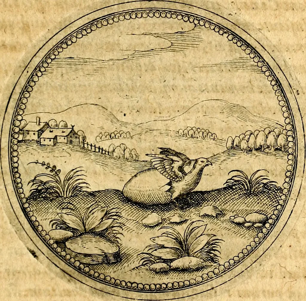 An illustration from Joachimi Camerarii Symbolorvm et emblematvm centvriæ tres. I. Ex herbis & stirpibus. II. Ex animalibus quadrupedibus. III. Ex volatilibus & insectis. Accessit noviter centvria IV. Ex aquatilibus & reptilibus. Cvm figvris æneis, 1605, leaf 554