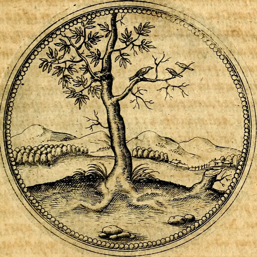 An illustration from Joachimi Camerarii Symbolorvm et emblematvm centvriæ tres. I. Ex herbis & stirpibus. II. Ex animalibus quadrupedibus. III. Ex volatilibus & insectis. Accessit noviter centvria IV. Ex aquatilibus & reptilibus. Cvm figvris æneis, 1605, leaf 556