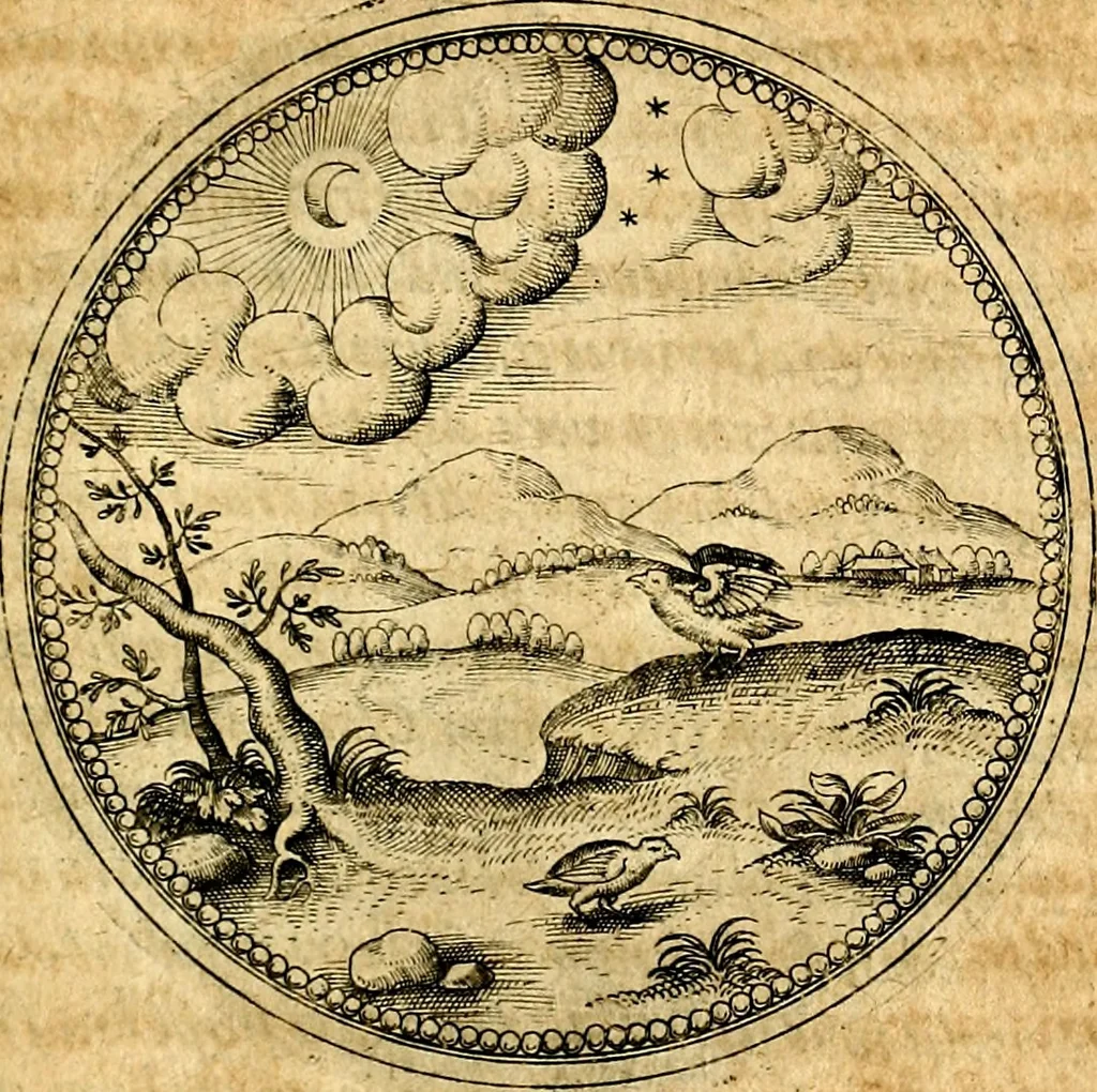 An illustration from Joachimi Camerarii Symbolorvm et emblematvm centvriæ tres. I. Ex herbis & stirpibus. II. Ex animalibus quadrupedibus. III. Ex volatilibus & insectis. Accessit noviter centvria IV. Ex aquatilibus & reptilibus. Cvm figvris æneis, 1605, leaf 564
