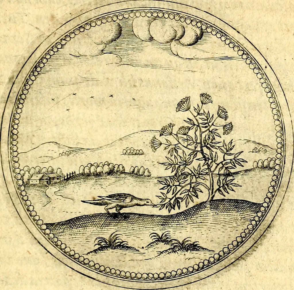 An illustration from Joachimi Camerarii Symbolorvm et emblematvm centvriæ tres. I. Ex herbis & stirpibus. II. Ex animalibus quadrupedibus. III. Ex volatilibus & insectis. Accessit noviter centvria IV. Ex aquatilibus & reptilibus. Cvm figvris æneis, 1605, leaf 568