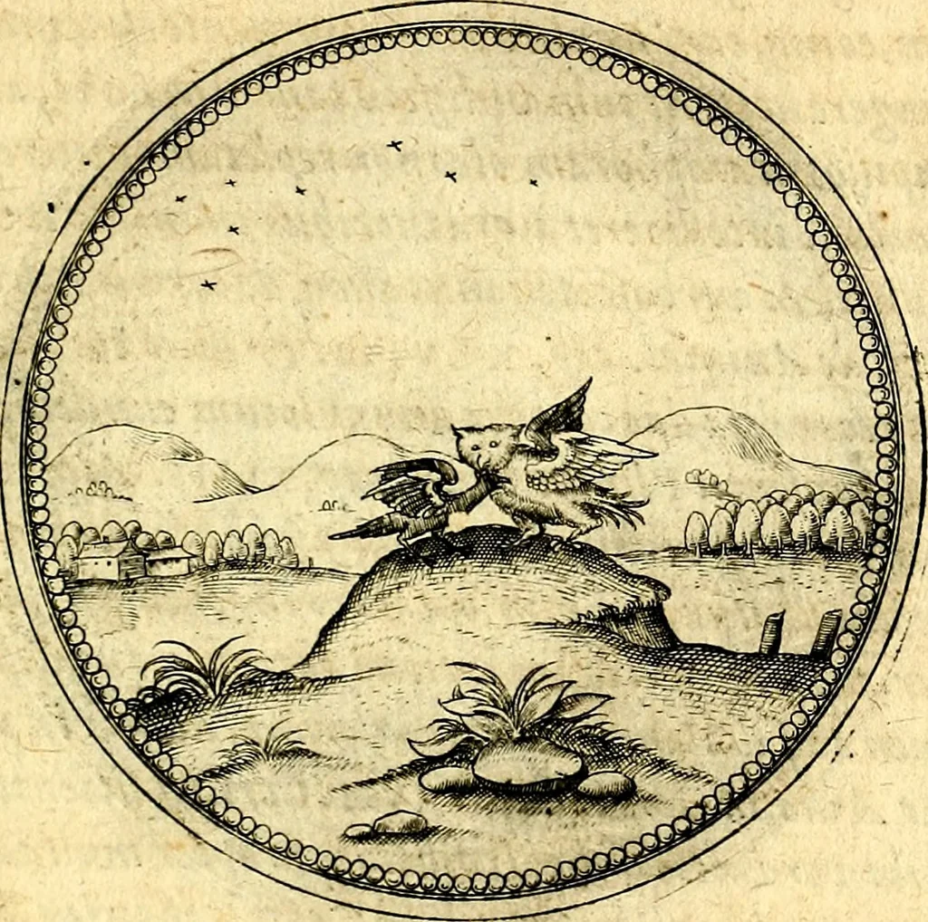 An illustration from Joachimi Camerarii Symbolorvm et emblematvm centvriæ tres. I. Ex herbis & stirpibus. II. Ex animalibus quadrupedibus. III. Ex volatilibus & insectis. Accessit noviter centvria IV. Ex aquatilibus & reptilibus. Cvm figvris æneis, 1605, leaf 572