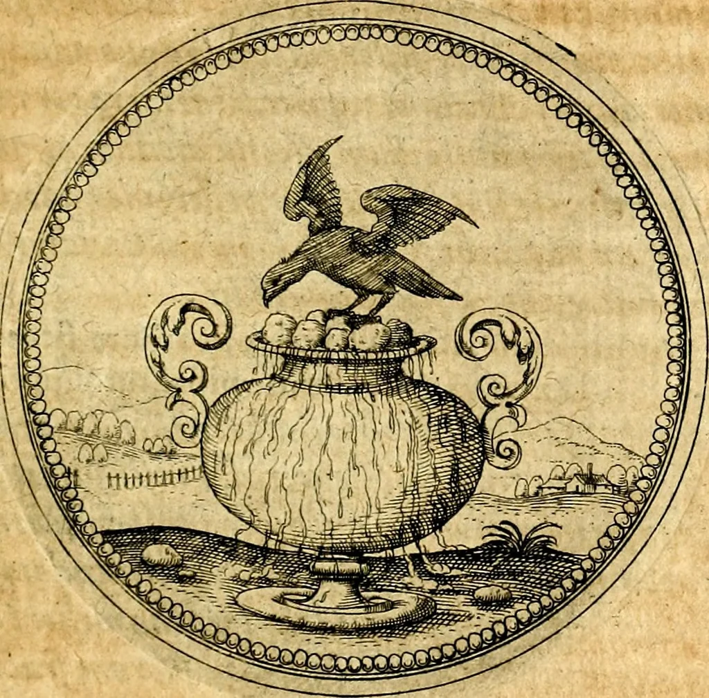 An illustration from Joachimi Camerarii Symbolorvm et emblematvm centvriæ tres. I. Ex herbis & stirpibus. II. Ex animalibus quadrupedibus. III. Ex volatilibus & insectis. Accessit noviter centvria IV. Ex aquatilibus & reptilibus. Cvm figvris æneis, 1605, leaf 574
