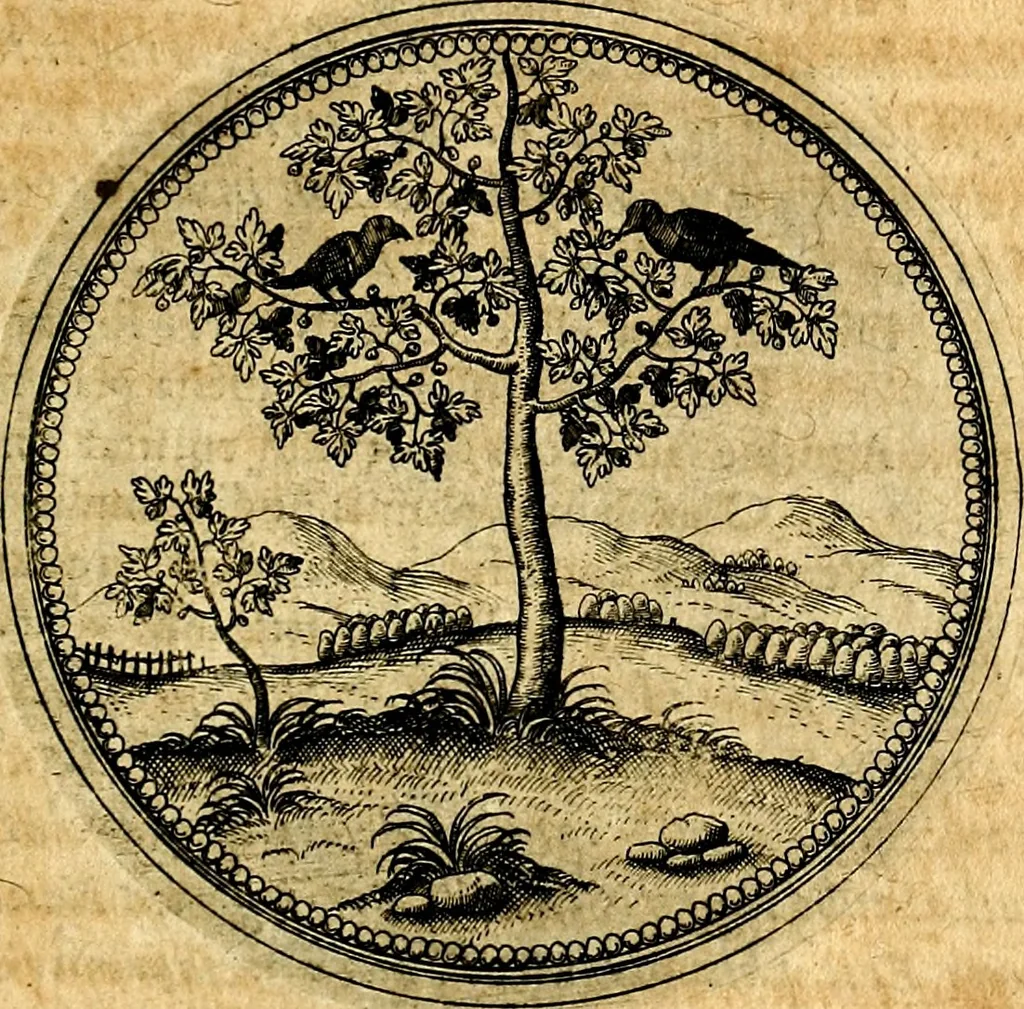 An illustration from Joachimi Camerarii Symbolorvm et emblematvm centvriæ tres. I. Ex herbis & stirpibus. II. Ex animalibus quadrupedibus. III. Ex volatilibus & insectis. Accessit noviter centvria IV. Ex aquatilibus & reptilibus. Cvm figvris æneis, 1605, leaf 576