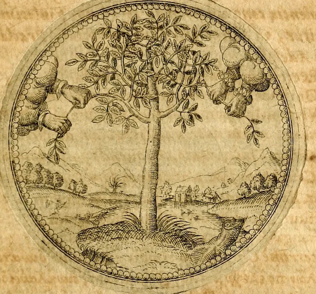 An illustration from Joachimi Camerarii Symbolorvm et emblematvm centvriæ tres. I. Ex herbis & stirpibus. II. Ex animalibus quadrupedibus. III. Ex volatilibus & insectis. Accessit noviter centvria IV. Ex aquatilibus & reptilibus. Cvm figvris æneis, 1605, leaf 58