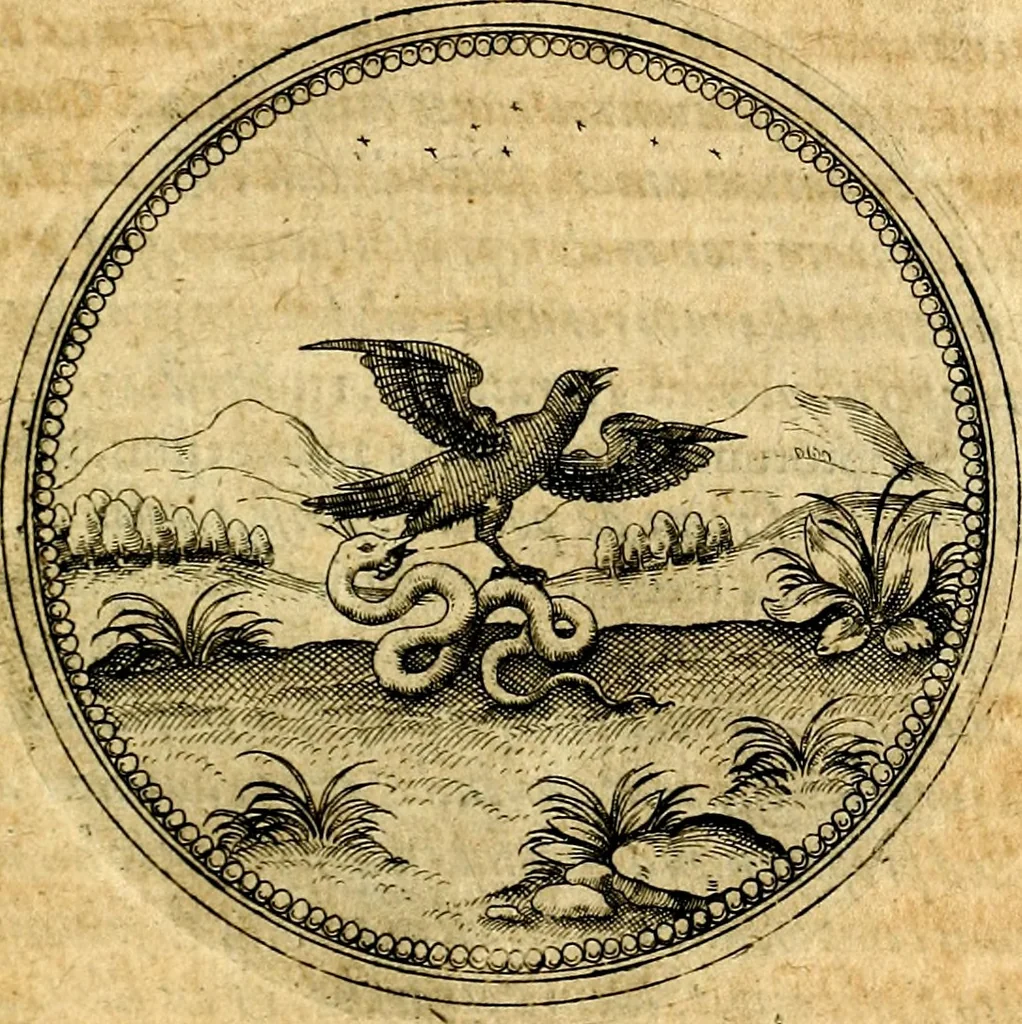 An illustration from Joachimi Camerarii Symbolorvm et emblematvm centvriæ tres. I. Ex herbis & stirpibus. II. Ex animalibus quadrupedibus. III. Ex volatilibus & insectis. Accessit noviter centvria IV. Ex aquatilibus & reptilibus. Cvm figvris æneis, 1605, leaf 580