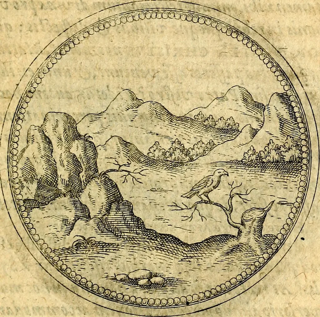 An illustration from Joachimi Camerarii Symbolorvm et emblematvm centvriæ tres. I. Ex herbis & stirpibus. II. Ex animalibus quadrupedibus. III. Ex volatilibus & insectis. Accessit noviter centvria IV. Ex aquatilibus & reptilibus. Cvm figvris æneis, 1605, leaf 582