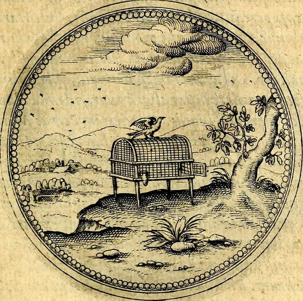 An illustration from Joachimi Camerarii Symbolorvm et emblematvm centvriæ tres. I. Ex herbis & stirpibus. II. Ex animalibus quadrupedibus. III. Ex volatilibus & insectis. Accessit noviter centvria IV. Ex aquatilibus & reptilibus. Cvm figvris æneis, 1605, leaf 588