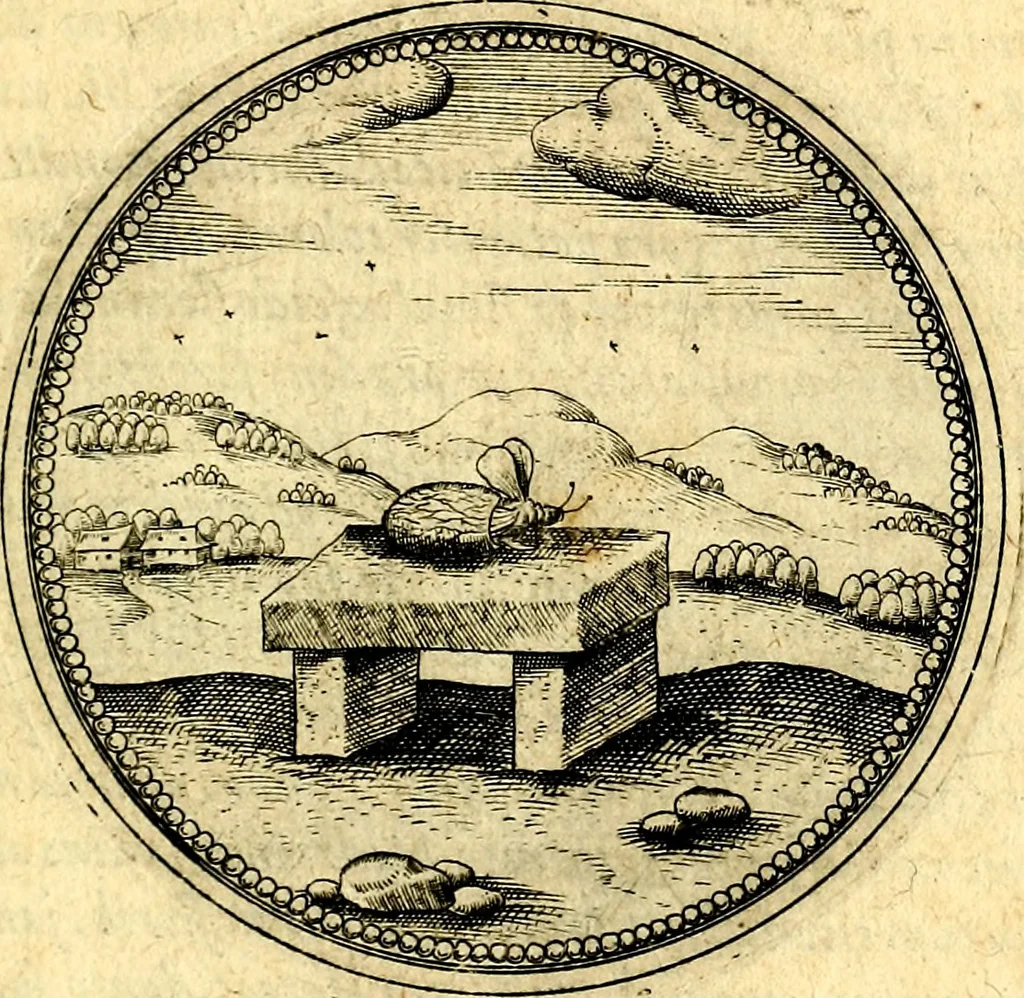 An illustration from Joachimi Camerarii Symbolorvm et emblematvm centvriæ tres. I. Ex herbis & stirpibus. II. Ex animalibus quadrupedibus. III. Ex volatilibus & insectis. Accessit noviter centvria IV. Ex aquatilibus & reptilibus. Cvm figvris æneis, 1605, leaf 606