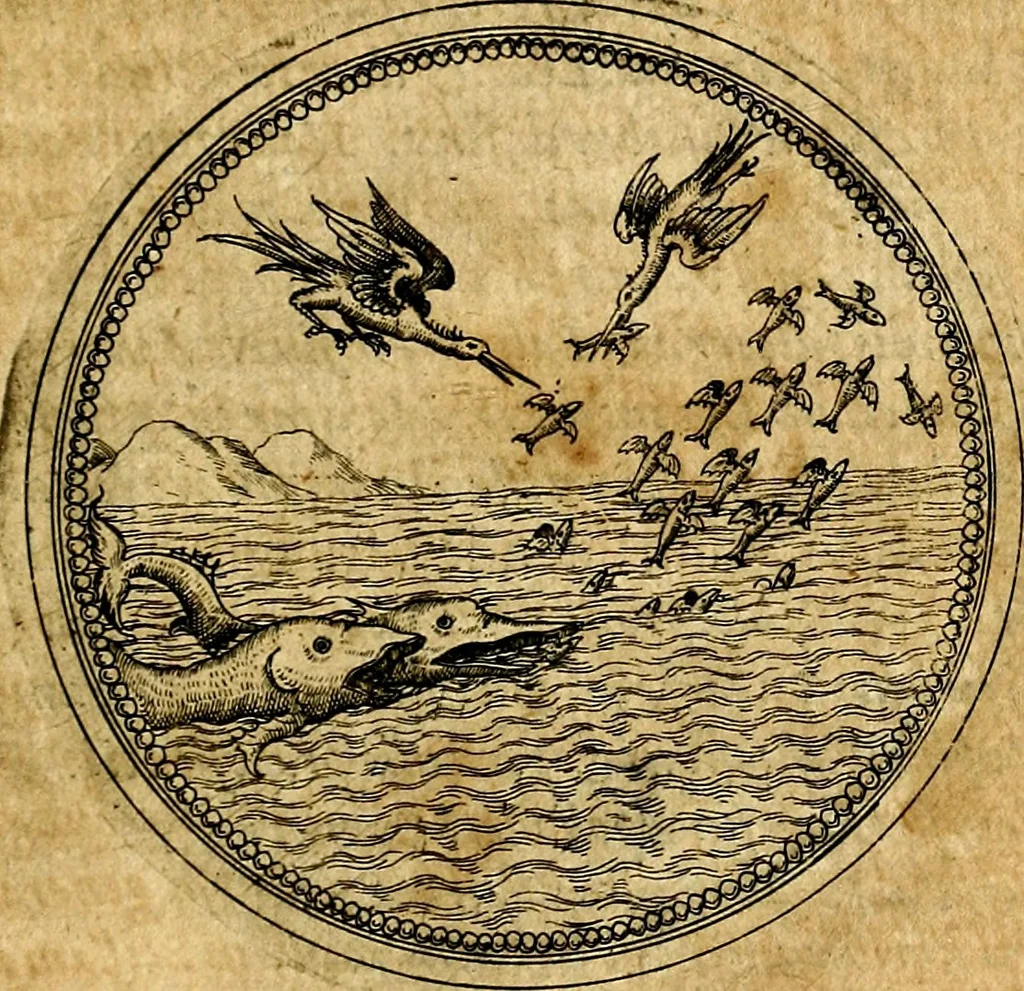 An illustration from Joachimi Camerarii Symbolorvm et emblematvm centvriæ tres. I. Ex herbis & stirpibus. II. Ex animalibus quadrupedibus. III. Ex volatilibus & insectis. Accessit noviter centvria IV. Ex aquatilibus & reptilibus. Cvm figvris æneis, 1605, leaf 642